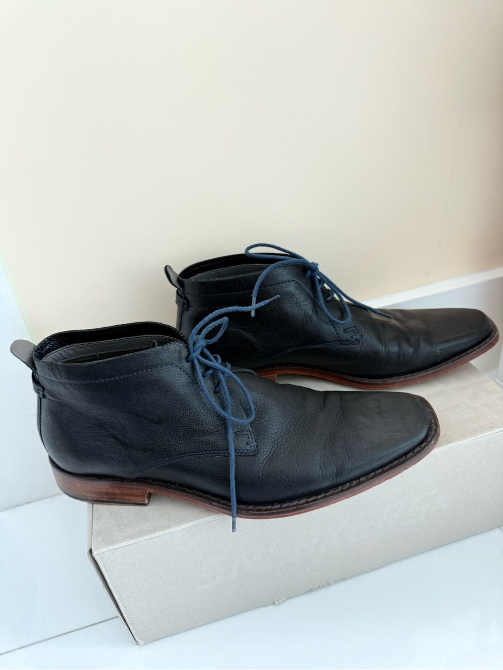 Ted Baker London Navy Leather Chukka Boots with Blue Laces